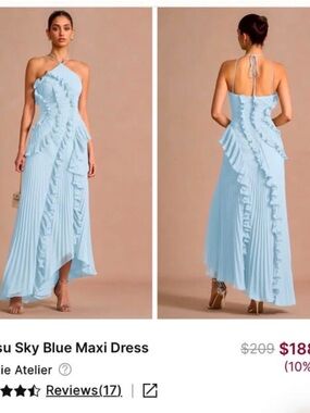 Azazie Sky Blue Halter Ruffle Pleated Maxi Dress